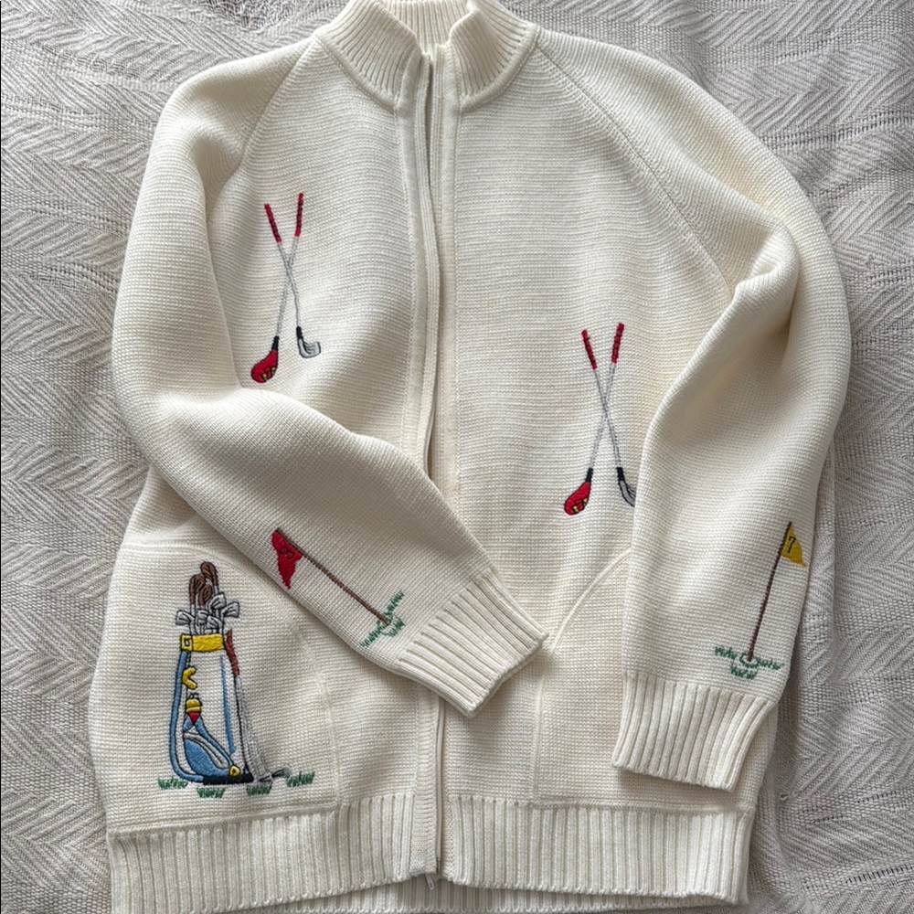Vintage Golf Embroidered Cream Cardigan